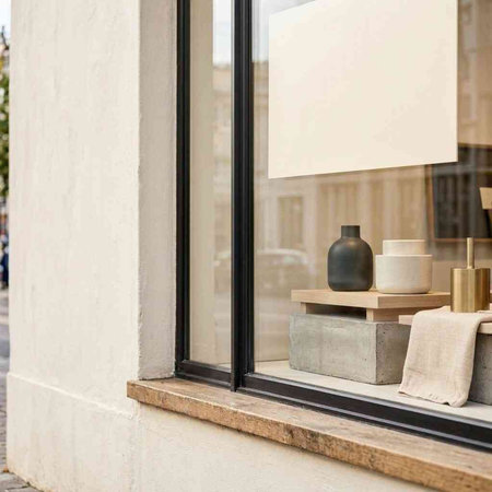 Coffee shop window with blank mock up canvas and coffee cup