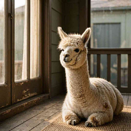 Llama sitting on the windowsill. Alpaca is a South American camelid.
