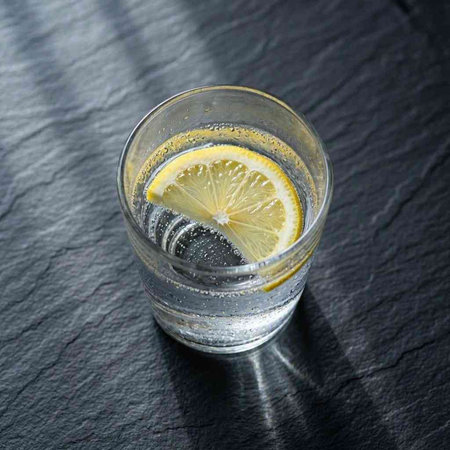 A glass of water with lemon and ice on a black background.