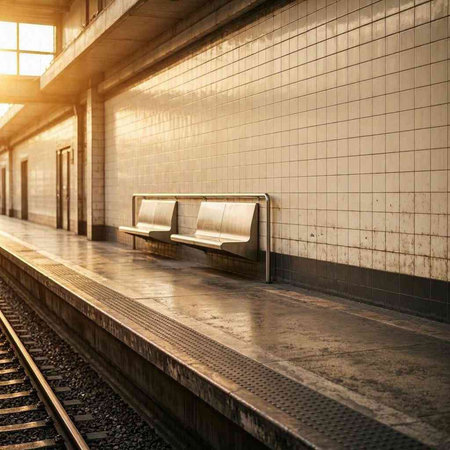 Railway station platform with bench and sunlight. 3d rendering.