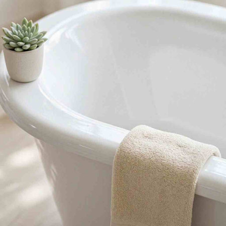 White bathtub with a towel and a potted plant in the bathroom