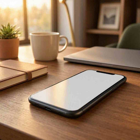 Smartphone mockup with blank screen on wooden table with laptop and coffee cup.