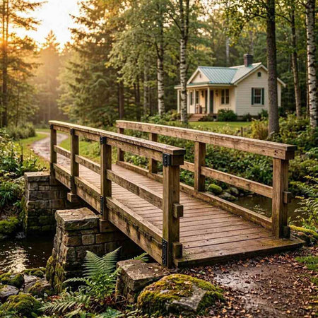 Wooden bridge over the small river in the forest at sunrise.