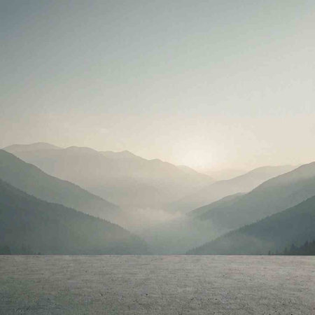 Landscape with mountains and fog in the morning. Digital painting.