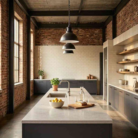 3d rendering of a modern kitchen in a loft with brick walls