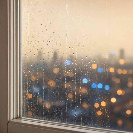 Rain drops on the window with blurred cityscape in the background.