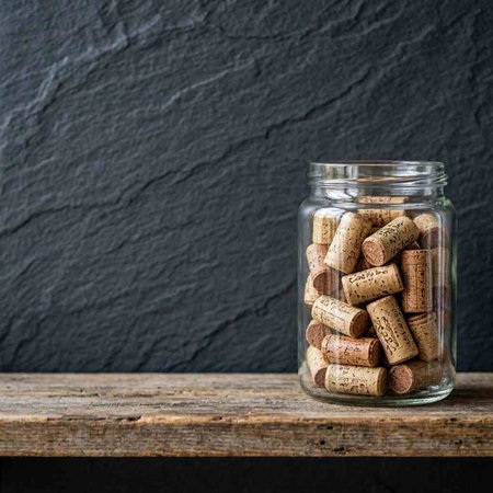 Wine corks in a glass jar on a wooden background.