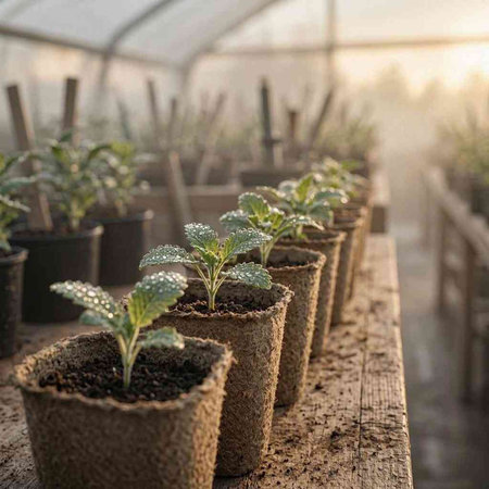 Young seedlings of tomato in peat pots in a greenhouse.