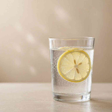 Glass of water with lemon on light background, closeup. Space for text