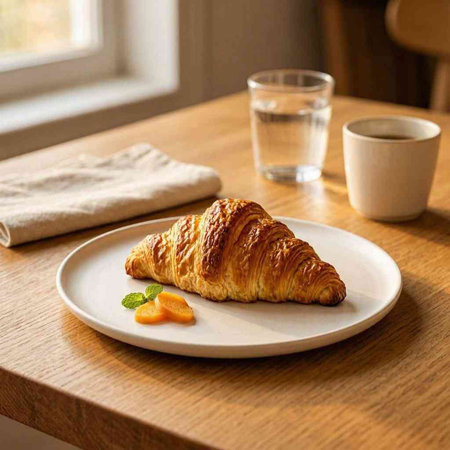 Breakfast with coffee and croissants on a wooden table.