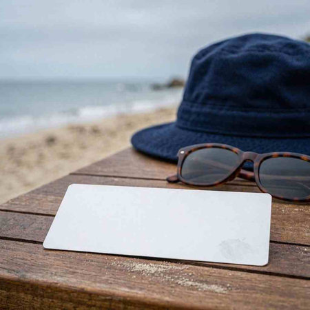 Blank business card with sunglasses and hat on a wooden table at the beach