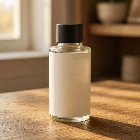 Blank perfume bottle mockup with black cap on the wooden table.