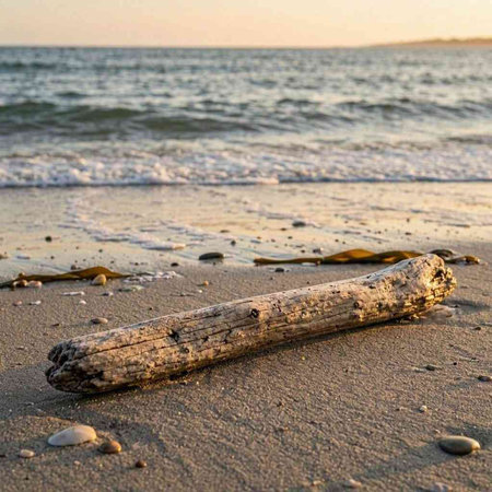 A piece of driftwood on the beach at sunset, shallow depth of field