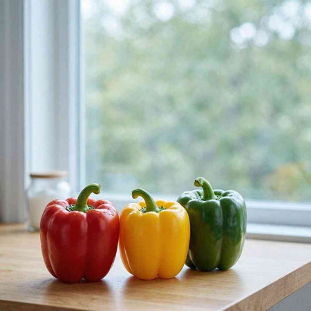 Three bell peppers on a wooden table in front of a window.