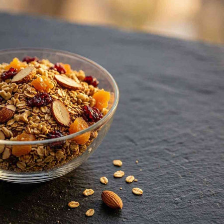 Granola with nuts and dried apricots in a glass bowl on a black background