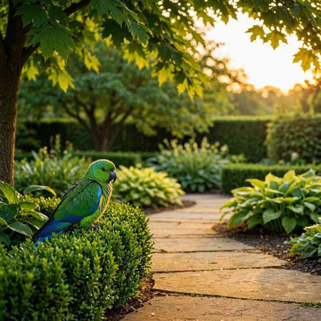 Green parrot sitting on a stone path in the garden at sunset