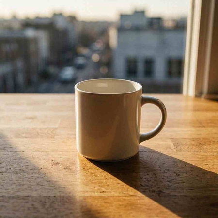 Coffee cup on the wooden table in front of the window