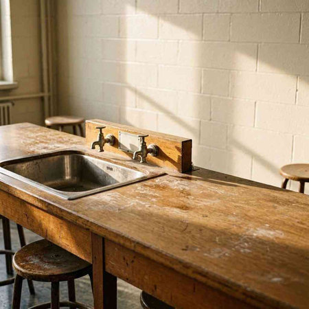 Old kitchen tap and sink in a rustic house with brick wall