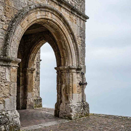 A vertical shot of a stone archway leading to a medieval church