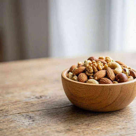 Mix of nuts in a wooden bowl on a wooden background. Selective focus.