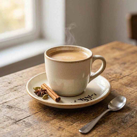 Cup of coffee with cinnamon and anise on a wooden table