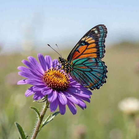 Butterfly on a purple flower in the meadow in summer