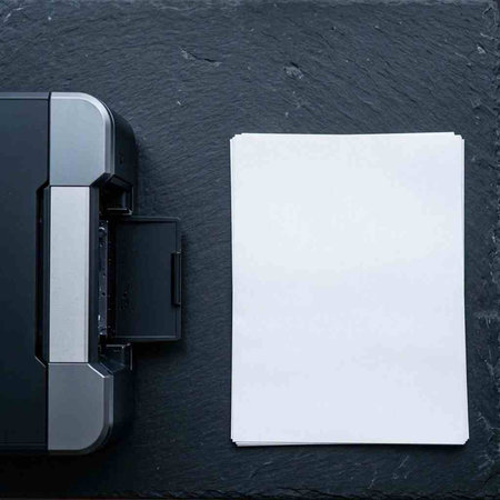 Printer and paper on a black background. Top view.