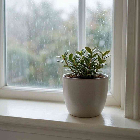 Plant in a white pot on the windowsill with raindrops