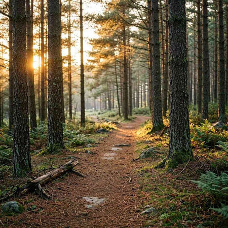 Path in the pine forest at sunset. Sun rays through the trees.