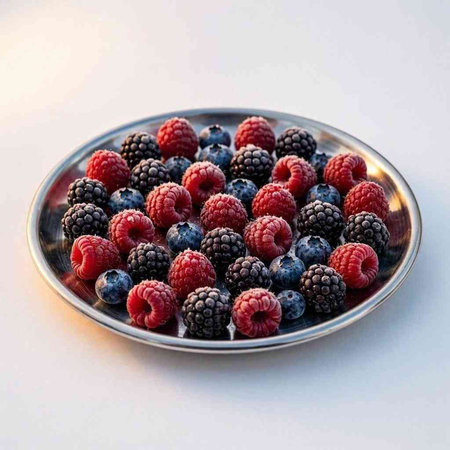 Raspberries, blackberries and blueberries in a plate on a white background