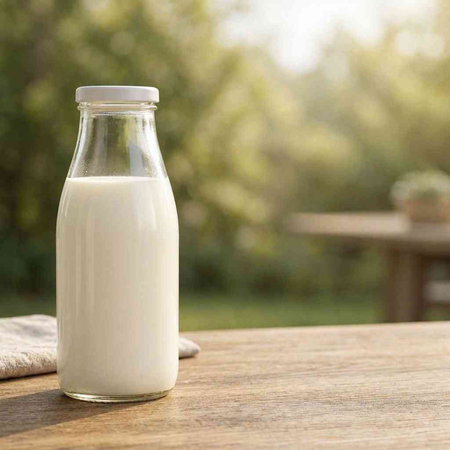 A bottle of milk on a wooden table with a blurred background.