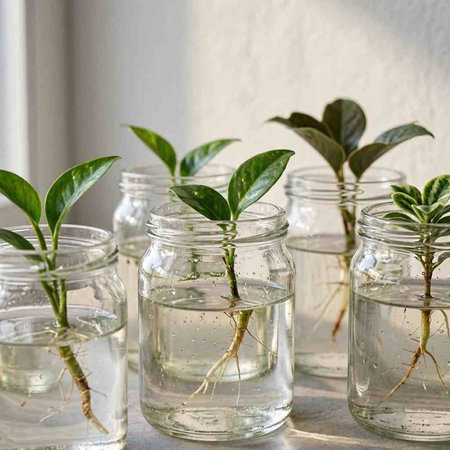 Plants with roots in glass bottles on the windowsill. The concept of growing plants.