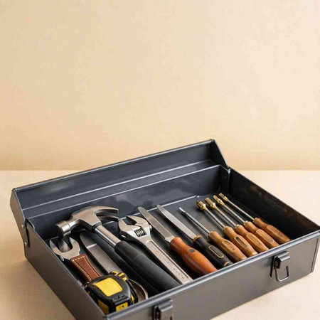 A set of tools in a metal box on a beige background