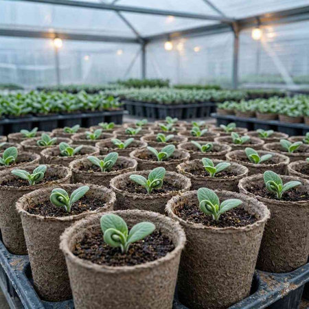 Cucumber seedlings growing in peat pots in a greenhouse