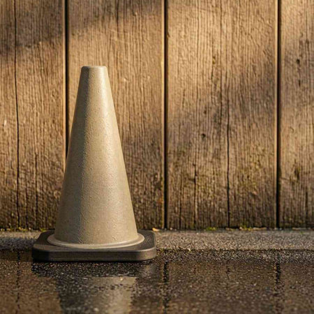 Cone on the wet pavement in front of a wooden wall.