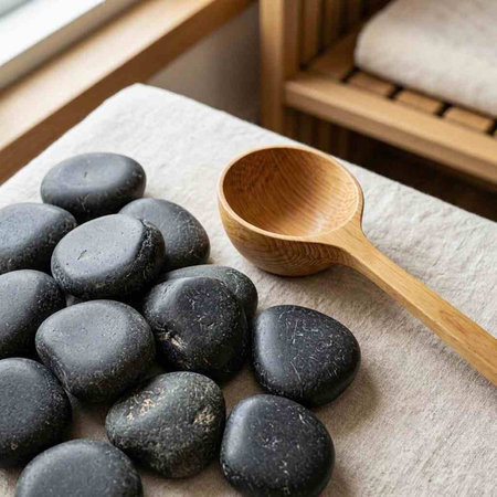 Spa stones and wooden spoon on a table in a spa salon