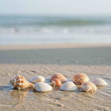 Seashells on the sand by the sea in the summer