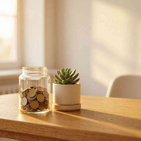 Coins in glass jar with succulent plant on wooden table. Saving concept.