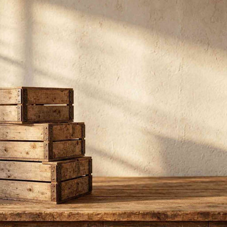 Wooden boxes on wooden table in front of concrete wall. 3d render