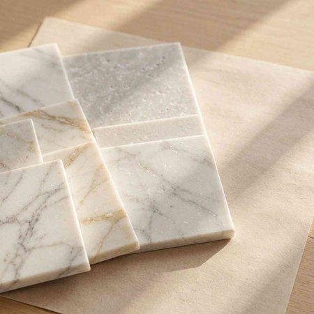 White marble tiles on a wooden board with natural light and shadows.