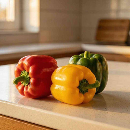 Red, yellow and green bell peppers on the table in the kitchen