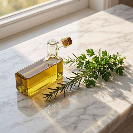 Aromatherapy oil in a glass bottle with herbs on the windowsill