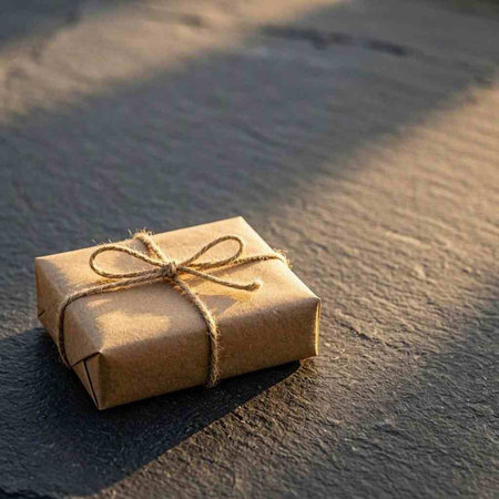 Gift wrapped in brown paper, tied with a twine.