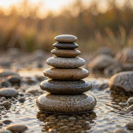 Pyramid of pebbles in water at sunset. Zen concept