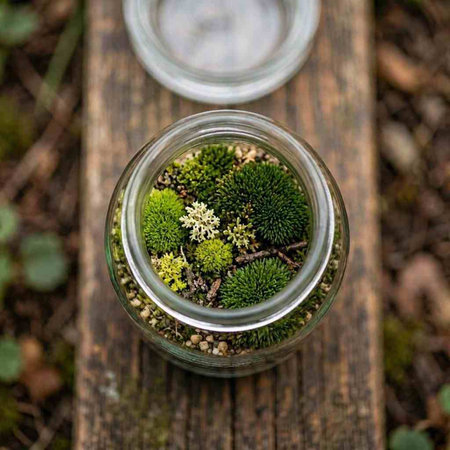 A small glass jar with moss and lichen stands on a wooden bench.
