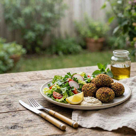 Vegetarian falafel balls with fresh salad on rustic wooden table