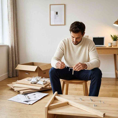 Man assembling furniture at home. Furniture DIY concept. Young man working at home.