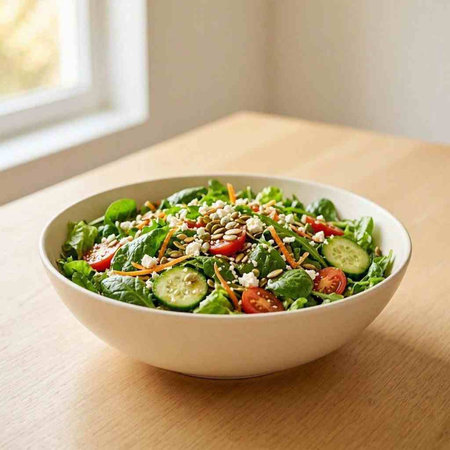 Healthy salad with lettuce, cucumber, tomato and sesame seeds