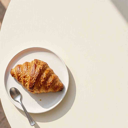 Croissant on a white plate and a spoon on a white background