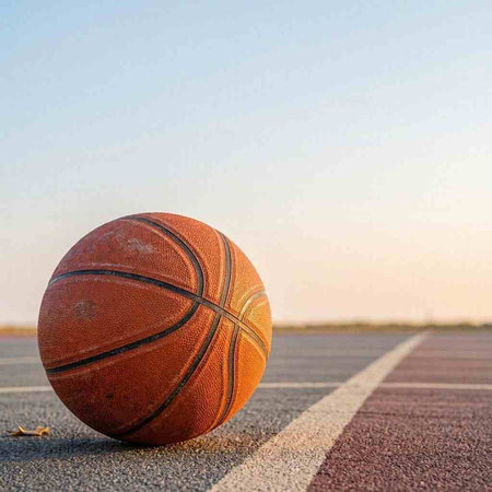 Basketball ball on a running track. Sport background. Copy space.
